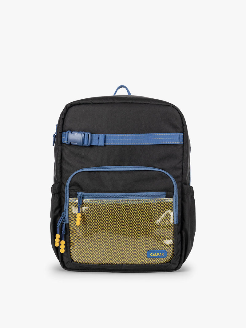 CALPAK Kids Large Backpack in Black for ages 8-12 is built for your little one’s big days with blue zippers and yellow mesh front pocket, multiple interior pockets, and padded comfort straps