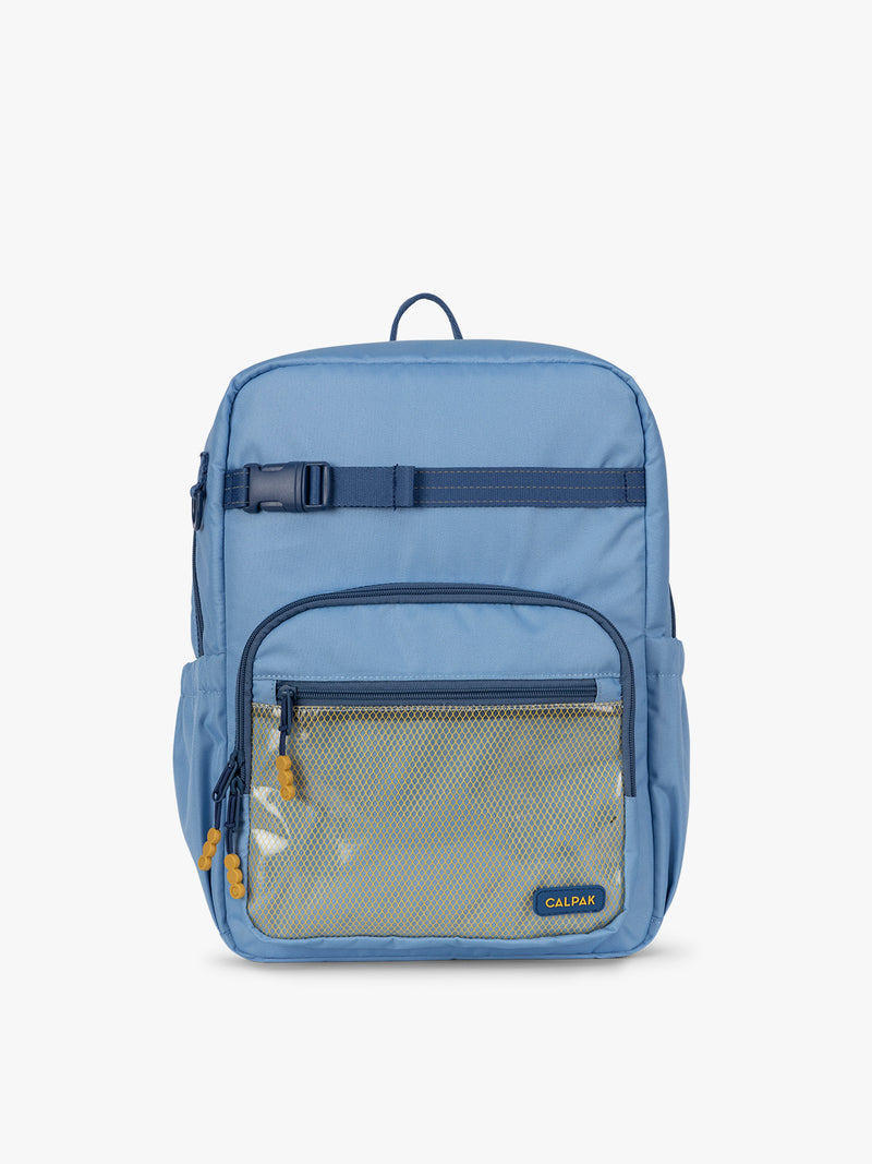 CALPAK Kids Large Backpack in Blue for ages 8-12 is built for your little one’s big days with dark blue zippers and yellow mesh front pocket, multiple interior pockets, and padded comfort straps